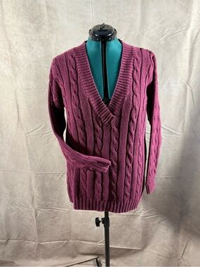 487-Vintage Deep Plum Cable V-Neck Sweater